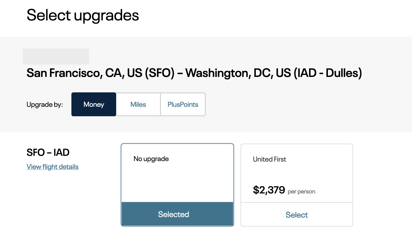 Screenshot of United Airlines upgrade offer